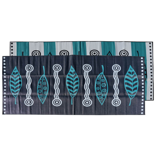Aboriginal Recycled Mat - Large (2.5m x 5m) - Gumleaves and Waterholes [Colour: Teal/Black/Grey]