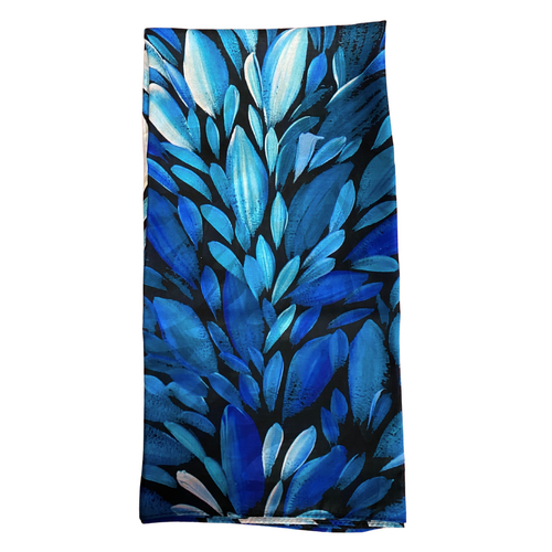 Aboriginal Art Giftboxed 100% Silk Scarf - Bush Leaves (Blue)