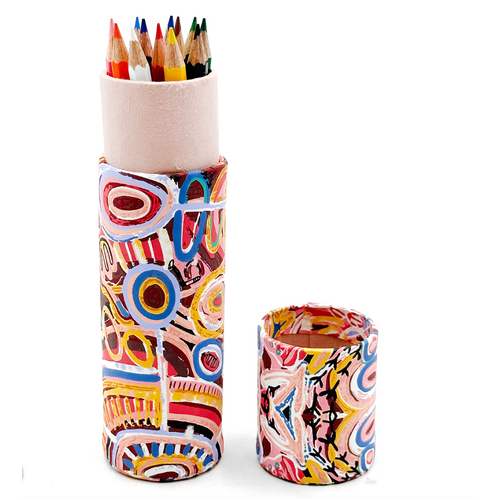 Handmade Paper Aboriginal Art Coloured Pencils (Set 12) Tube - Muthabaringga Dreaming